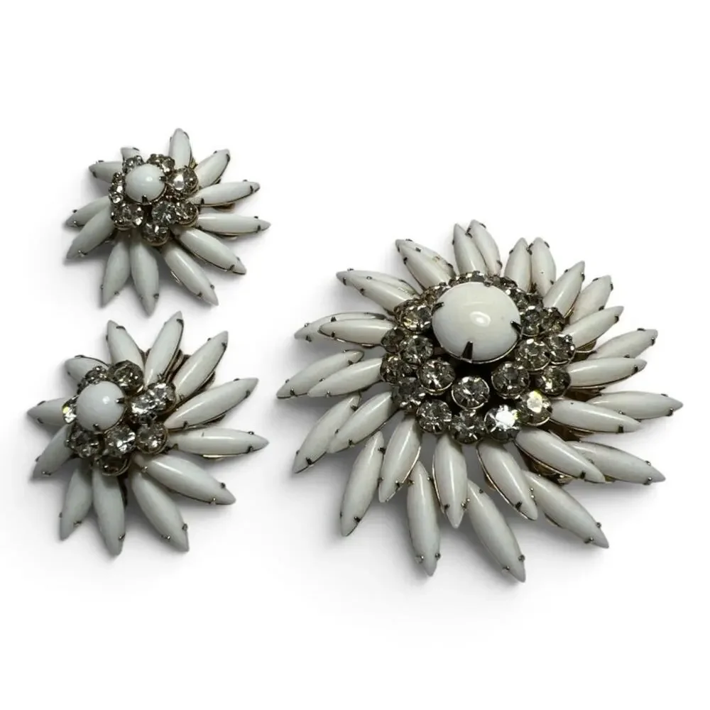 Vintage Judy Lee White Milk Glass Rhinestone Starburst Brooch and Earring Set